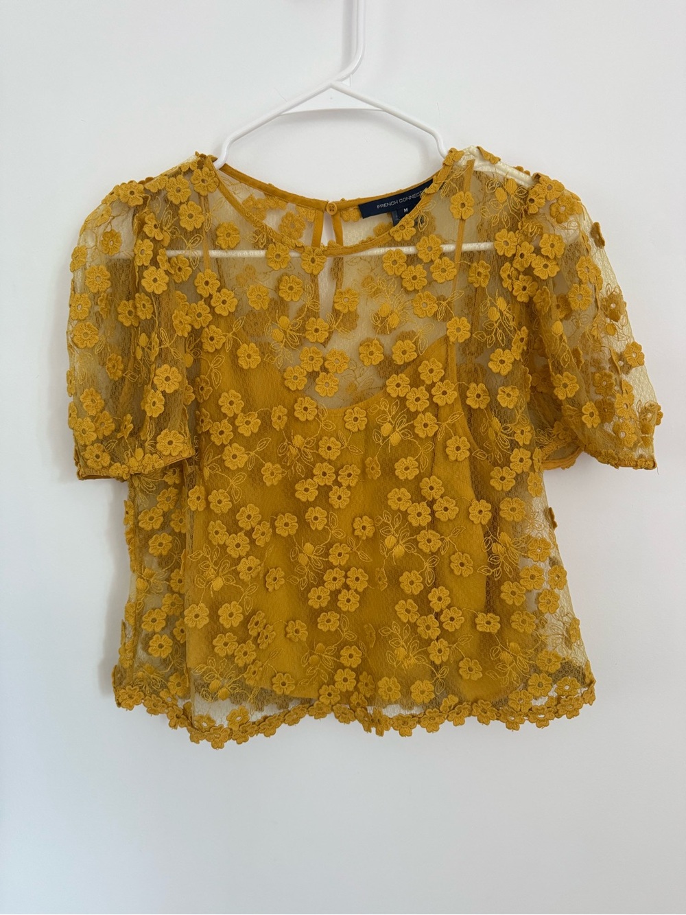French Connection Mustard Yellow Floral Lace Short Sleeve Blouse